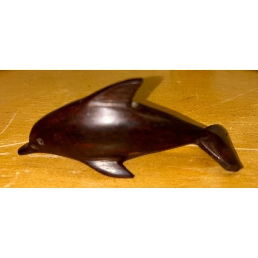 Hand Carved Wooden Dolphin Figurine Dark Wood Beach Coastal Decor